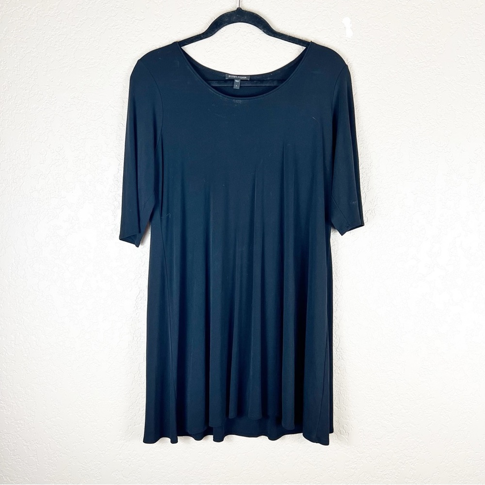 Eileen Fisher black silk tunic crewneck half sleeve dress